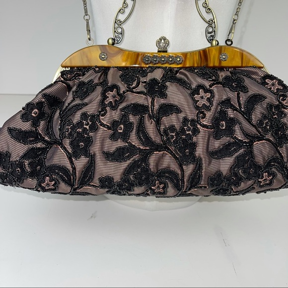 Vintage Inspired Black Gold Beaded Handbag Purse - Picture 4 of 17